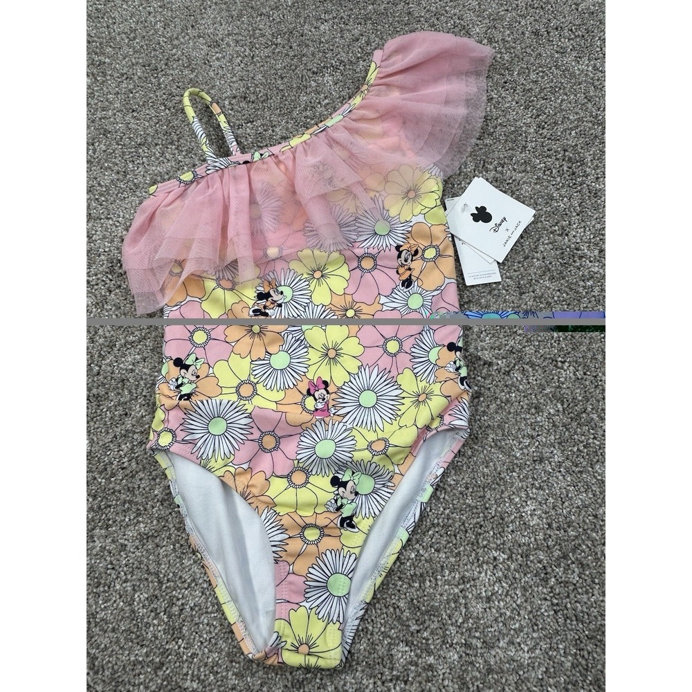 New Disney x Janie + Jack Minnie Mouse Floral One Arm Pink Ruffle Swimsuit Sz 7